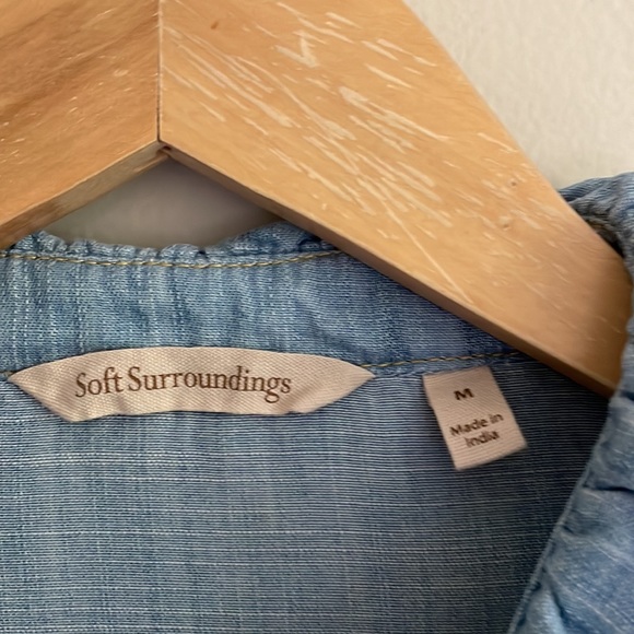 Soft Surroundings chambray Tencel Ruffle Collar Sleeve Button Down - Picture 6 of 10